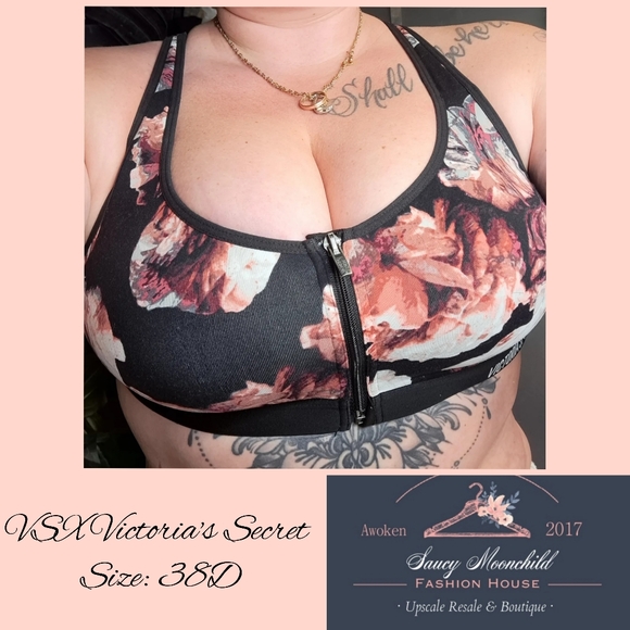 VSX Victoria's Secret • 38D Front Zip Closure Sports Bra Floral Black Pink Gym - Picture 1 of 8